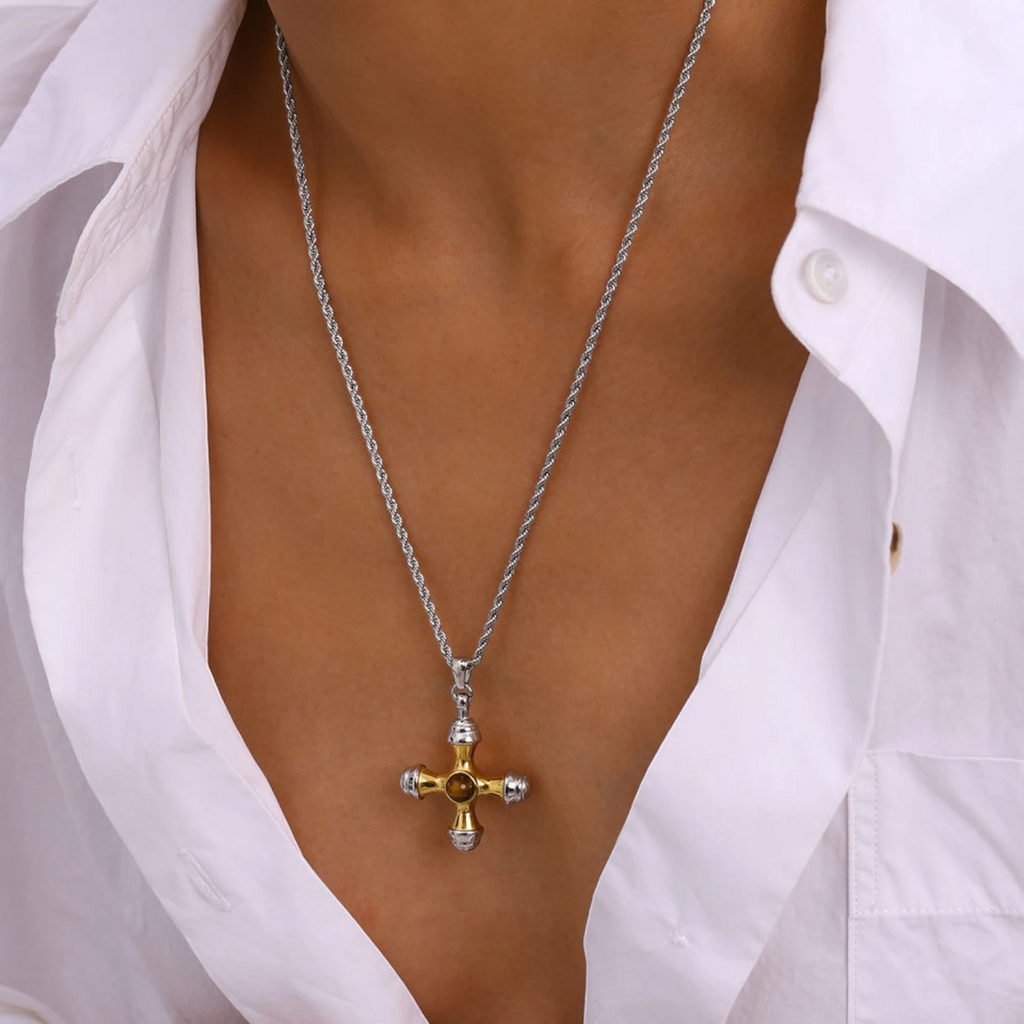 J&D Two-Tone Stainless Steel Cross Necklace with Tiger Eye Stone