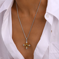 J&D Two-Tone Stainless Steel Cross Necklace with Tiger Eye Stone