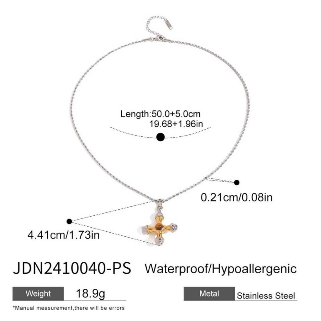 J&D Two-Tone Stainless Steel Cross Necklace with Tiger Eye Stone