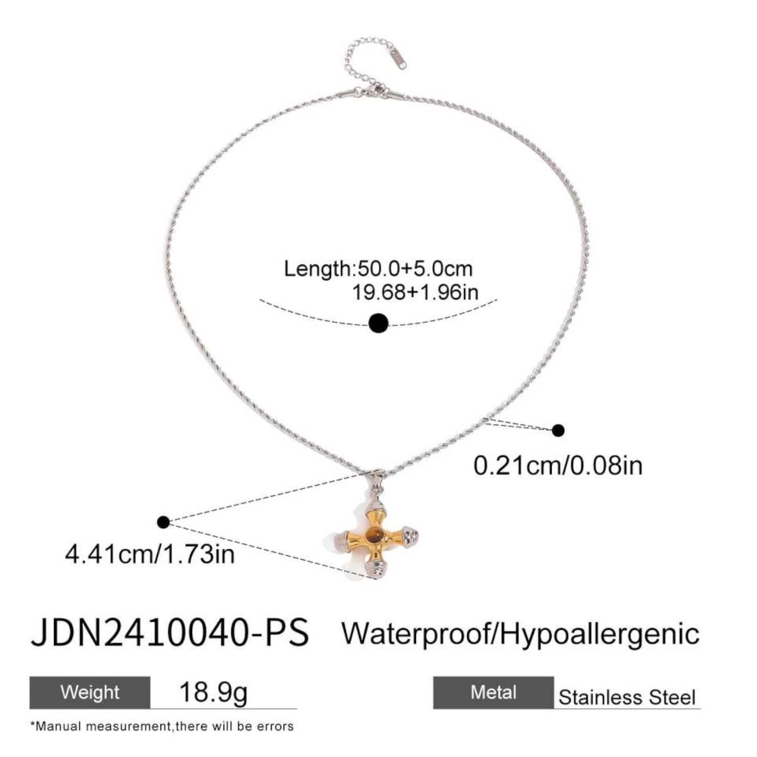 J&D Two-Tone Stainless Steel Cross Necklace with Tiger Eye Stone
