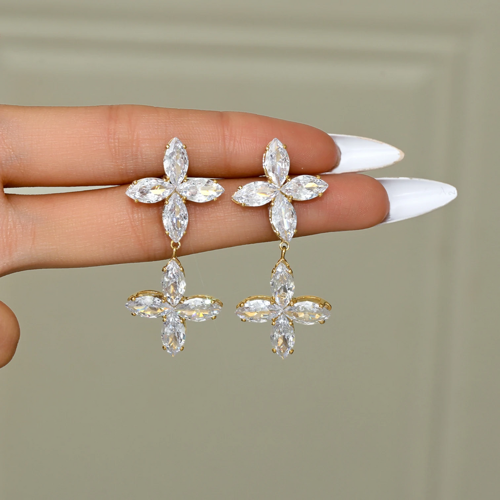 Light Luxury Double Cross & Four-Leaf Clover Zircon Earrings