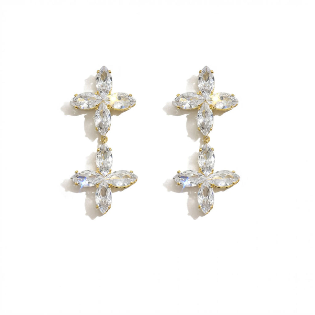 Light Luxury Double Cross & Four-Leaf Clover Zircon Earrings