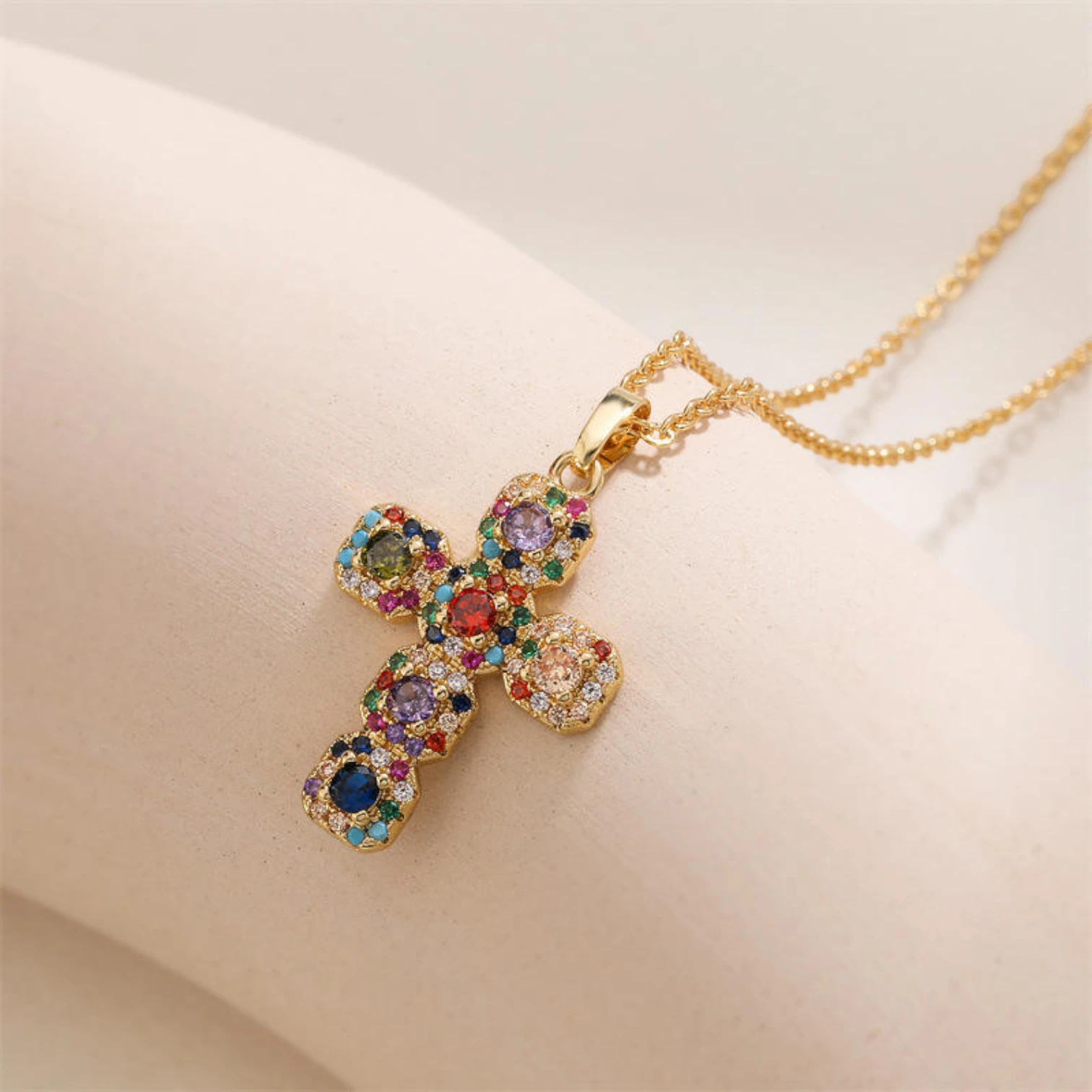 Light Luxury Geometric Jesus Cross Necklace with Colorful Zircon
