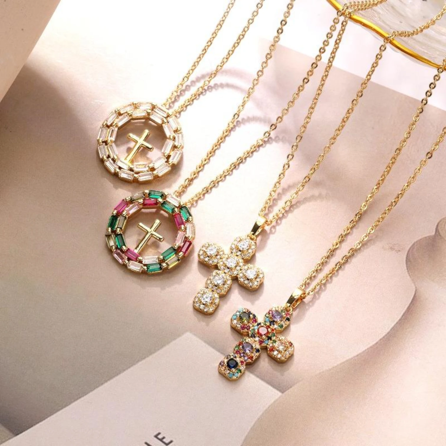 Light Luxury Geometric Jesus Cross Necklace with Colorful Zircon