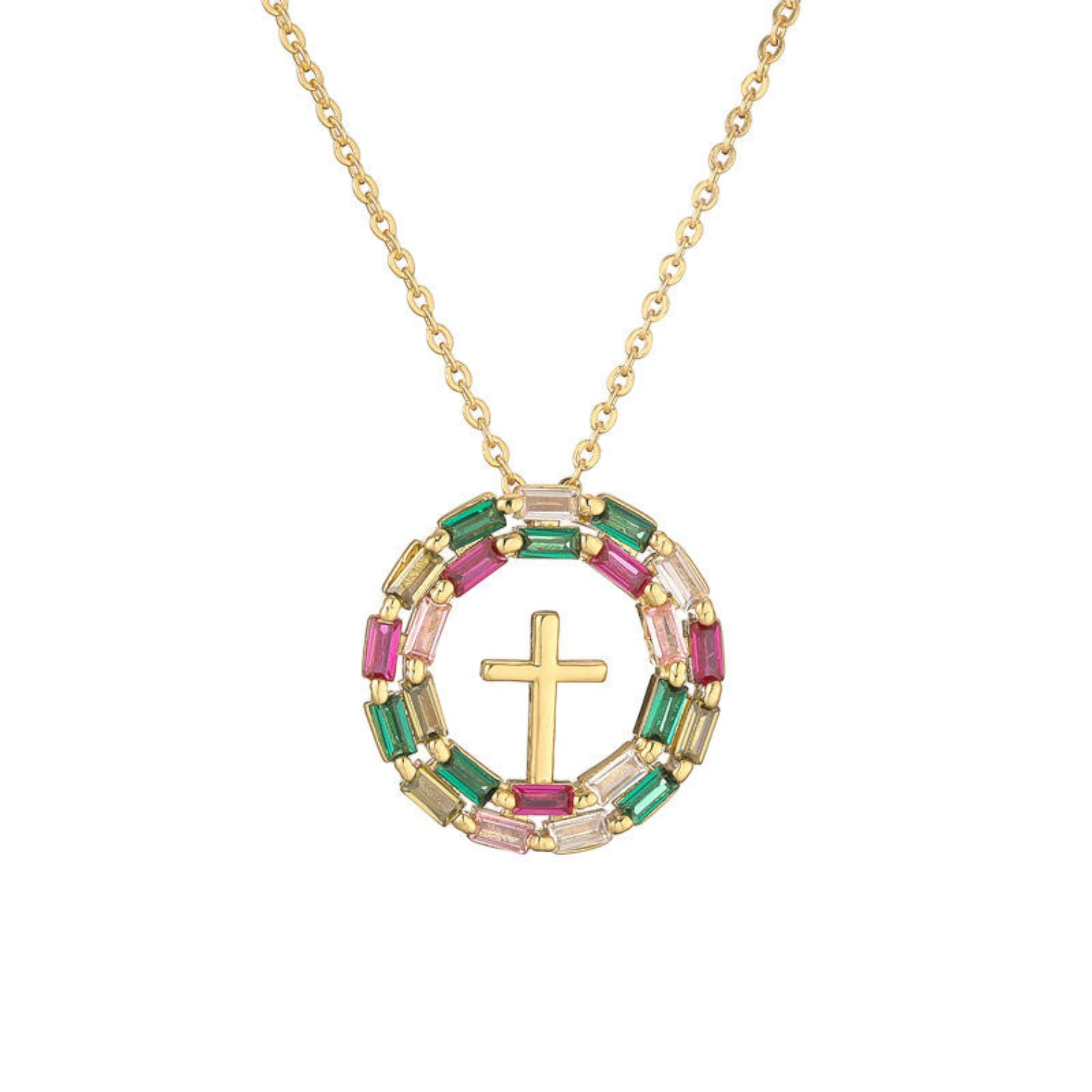 Light Luxury Geometric Jesus Cross Necklace with Colorful Zircon