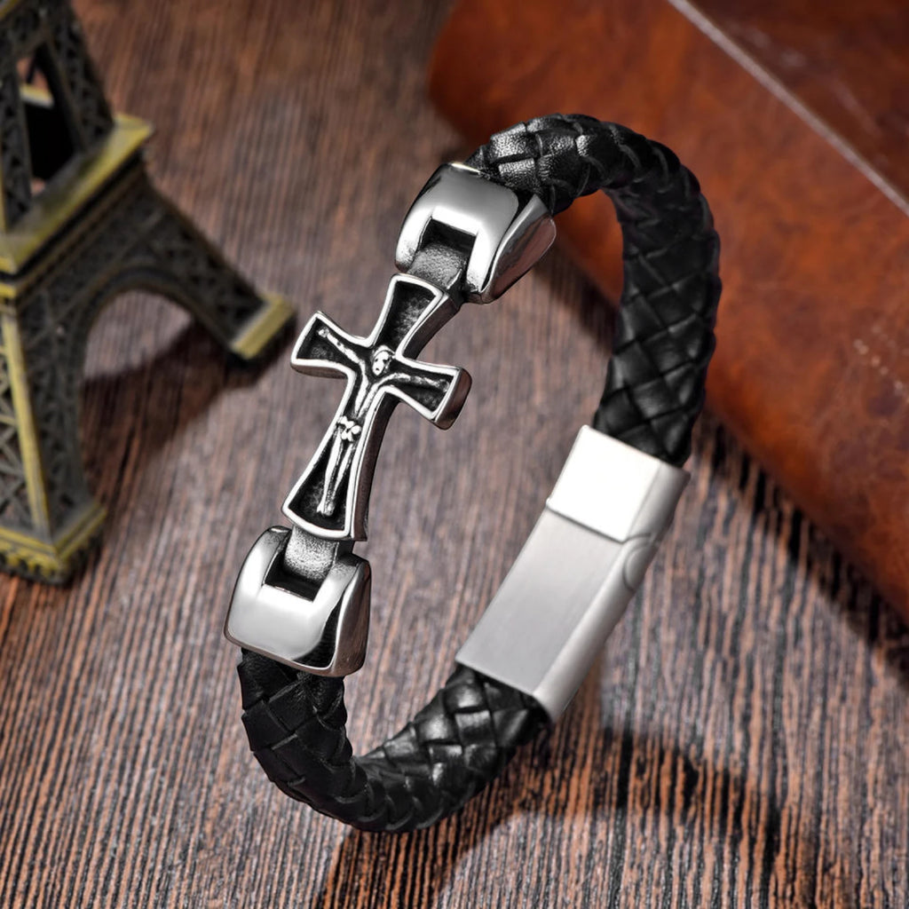 Luxury Genuine Leather Cross Cuff Bracelet for Men
