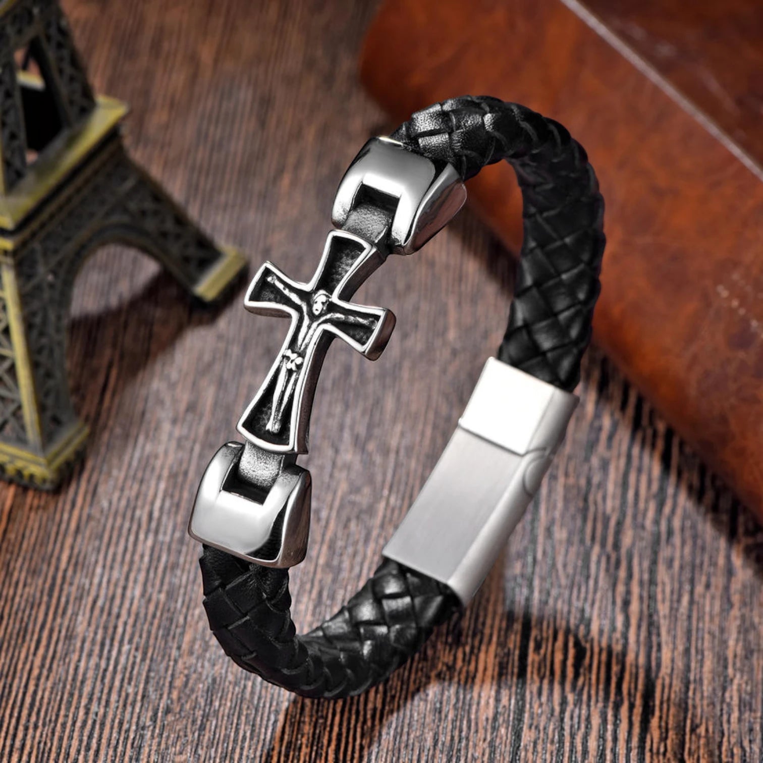 Luxury Genuine Leather Cross Cuff Bracelet for Men