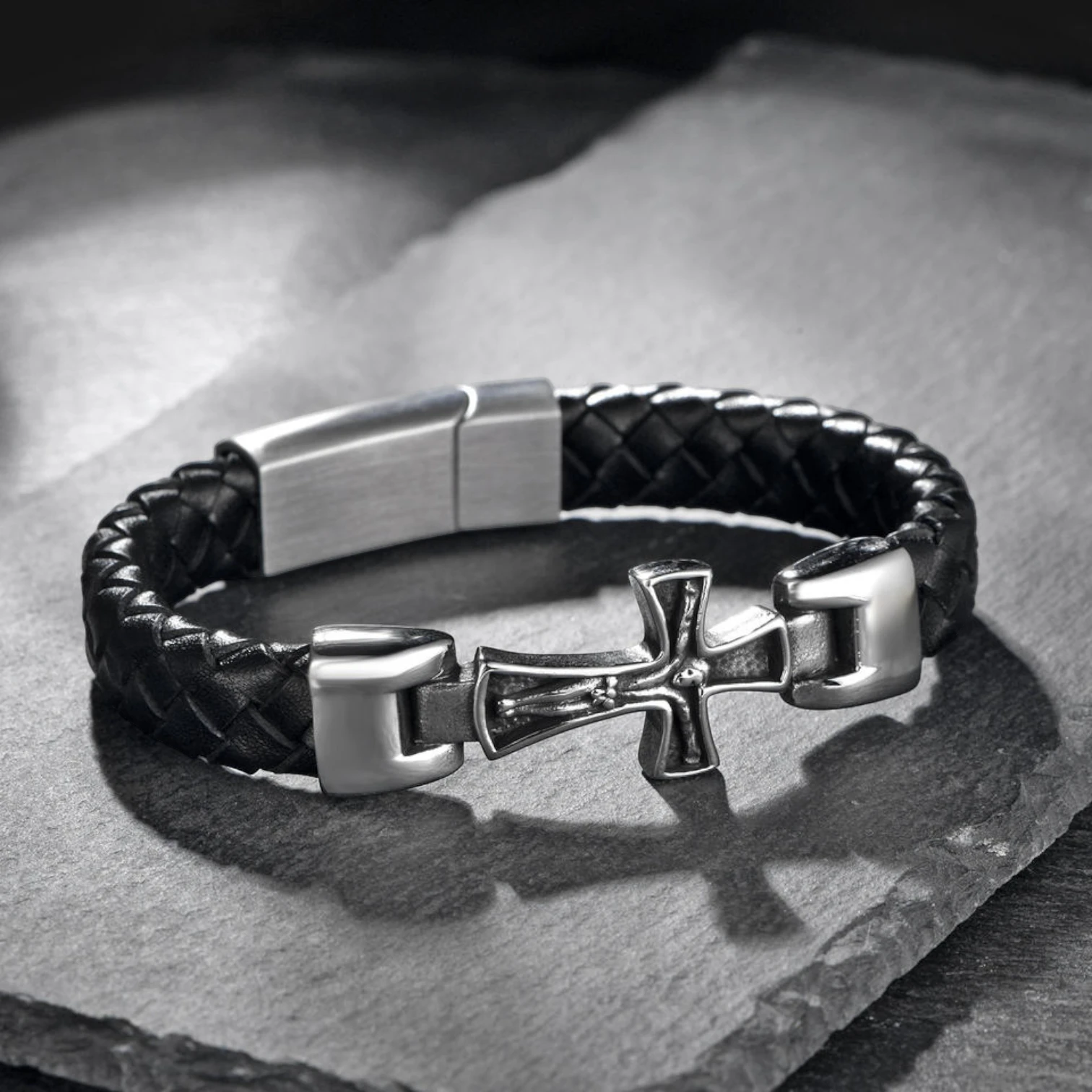 Luxury Genuine Leather Cross Cuff Bracelet for Men