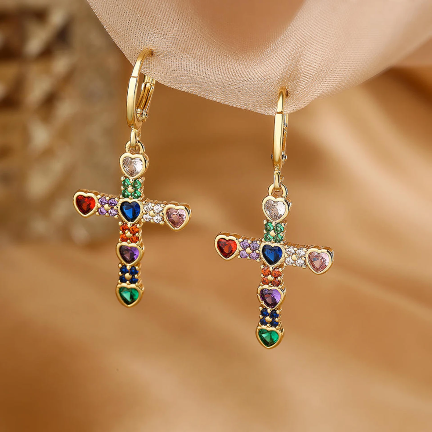 Luxury Waterproof Gold Plated Geometric Cross Hoop Earrings