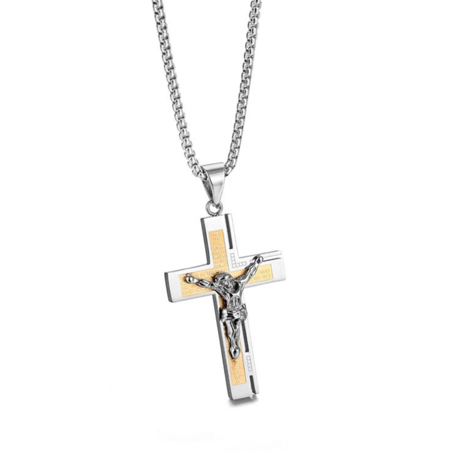 Men’s Silver Chain Necklace with Engraved Jesus Cross Pendant
