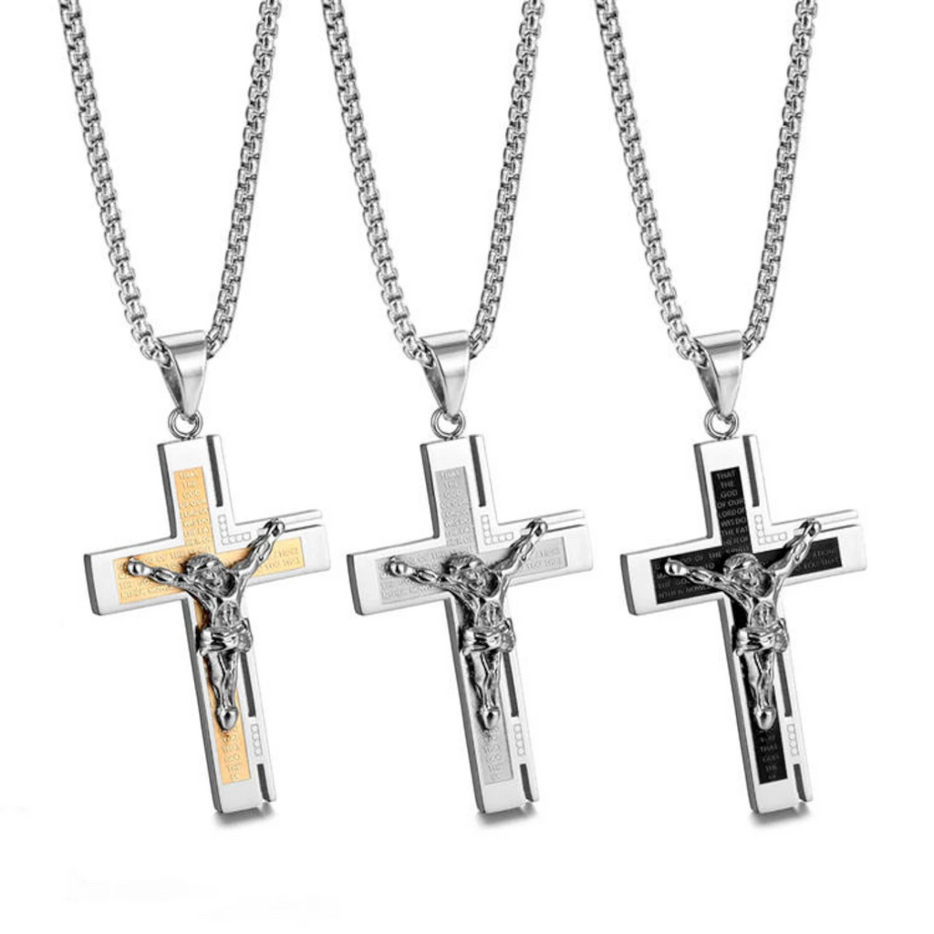 Men’s Silver Chain Necklace with Engraved Jesus Cross Pendant