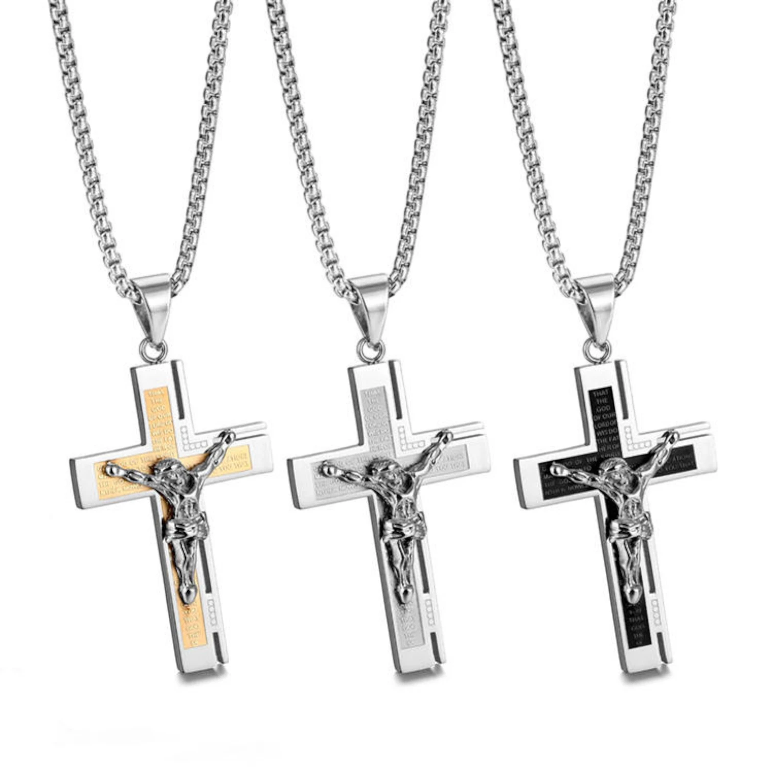 Men’s Silver Chain Necklace with Engraved Jesus Cross Pendant