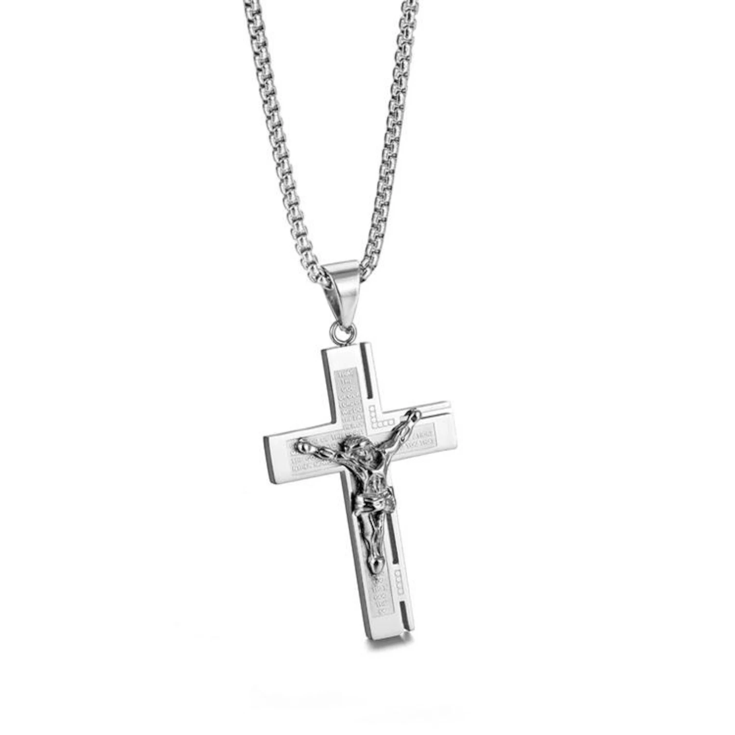 Men’s Silver Chain Necklace with Engraved Jesus Cross Pendant