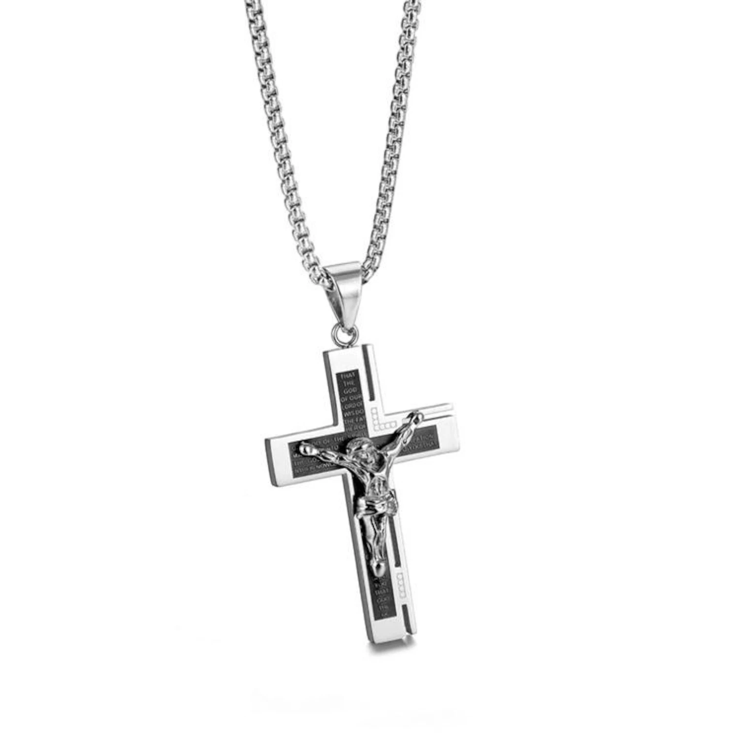 Men’s Silver Chain Necklace with Engraved Jesus Cross Pendant