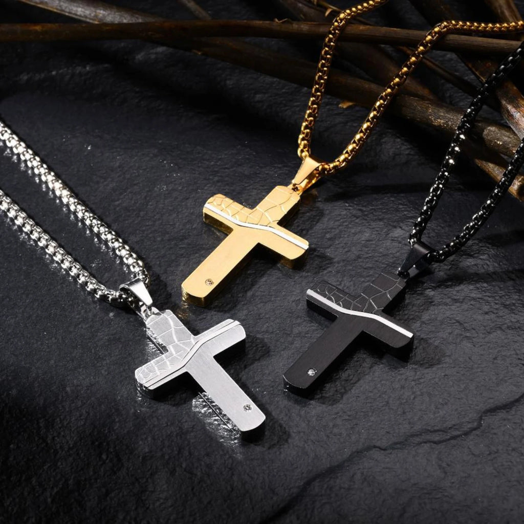 Punk Cracked Cross Pendant Necklace – Stainless Steel Zircon Jewelry