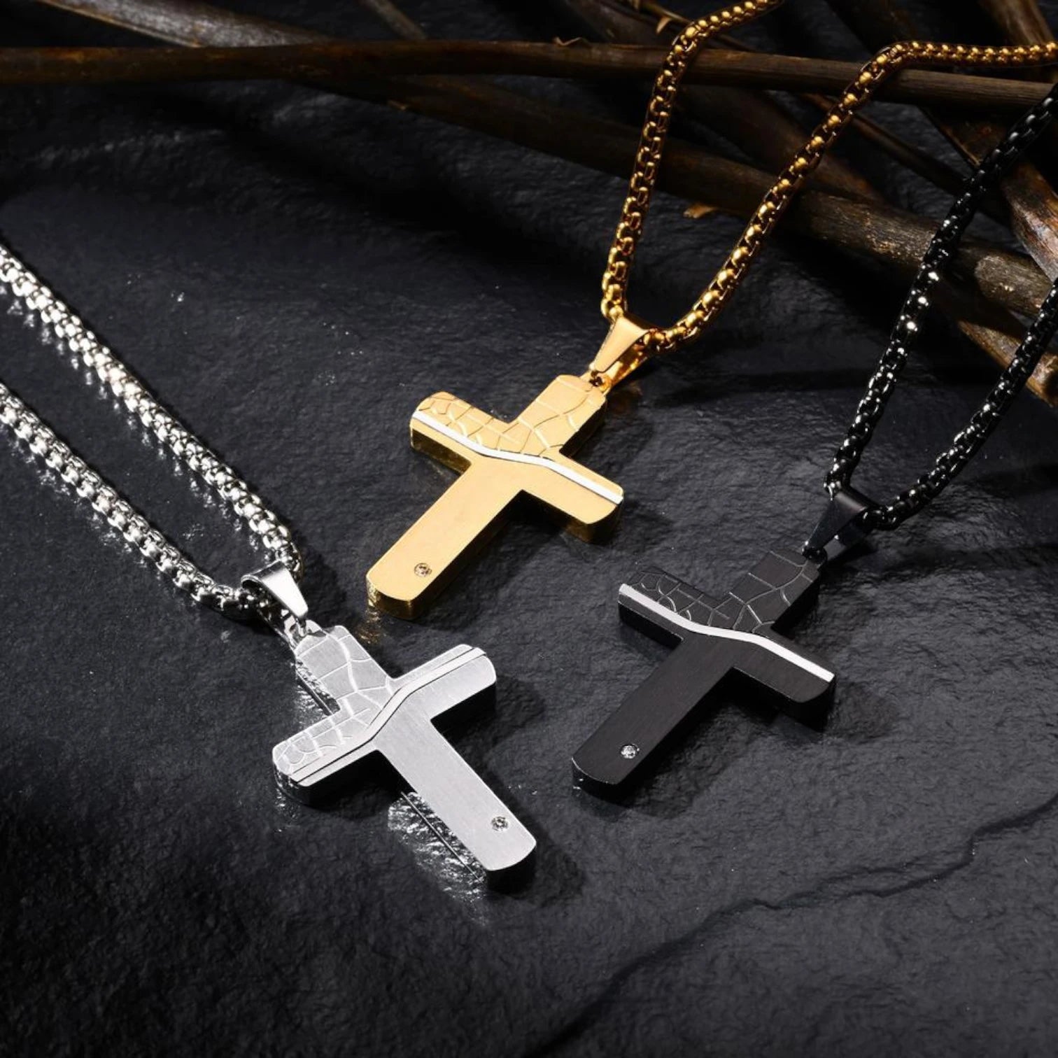 Punk Cracked Cross Pendant Necklace – Stainless Steel Zircon Jewelry