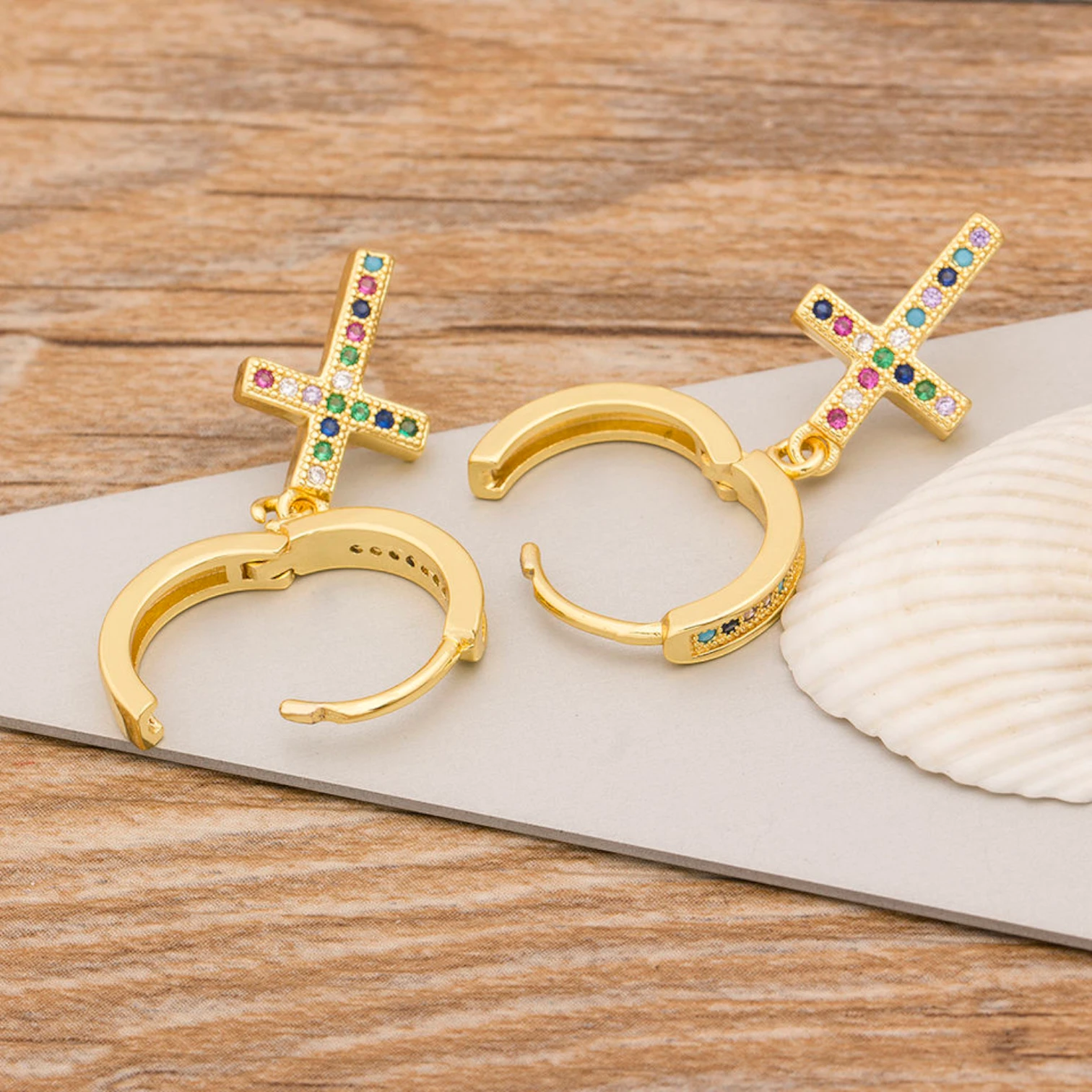 Qiku Colorful Rhinestone Cross Drop Earrings