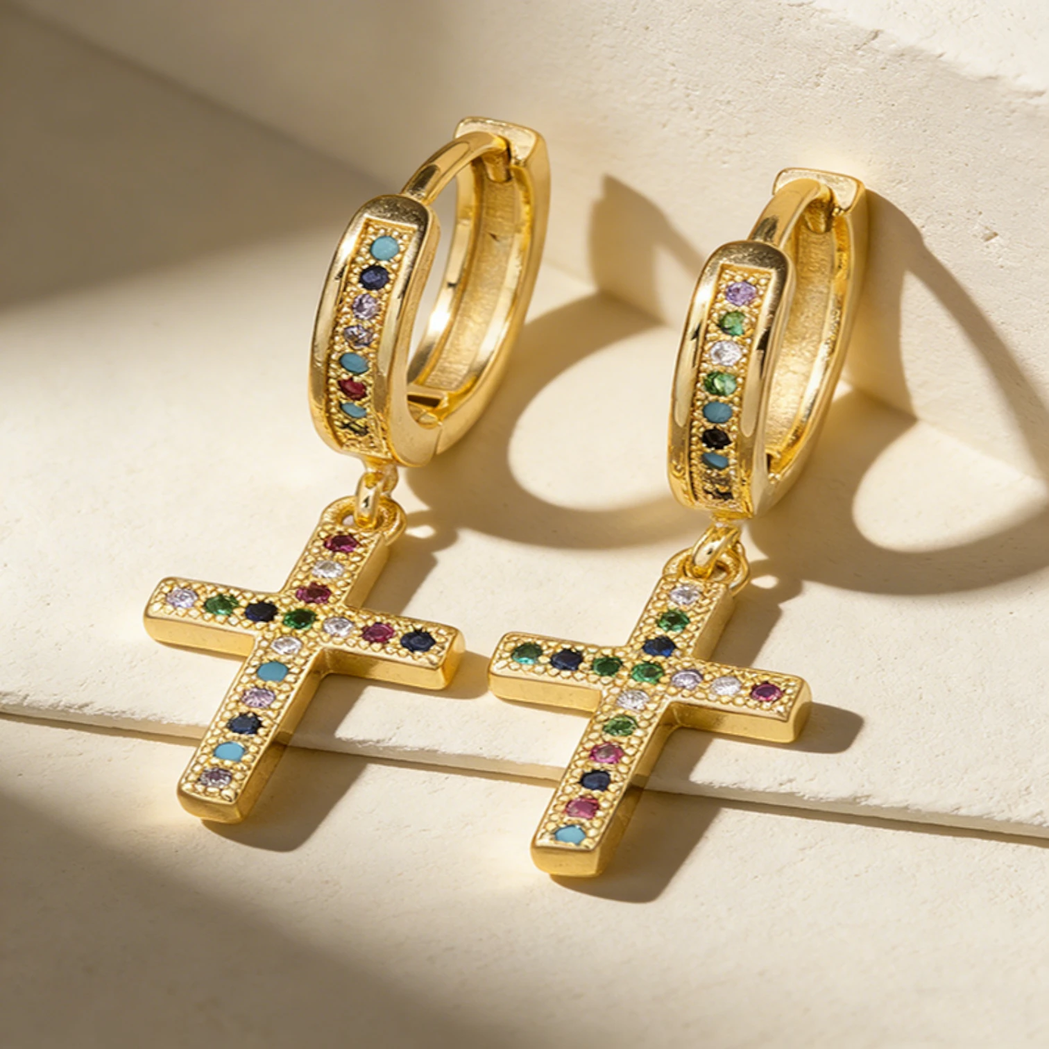 Qiku Colorful Rhinestone Cross Drop Earrings