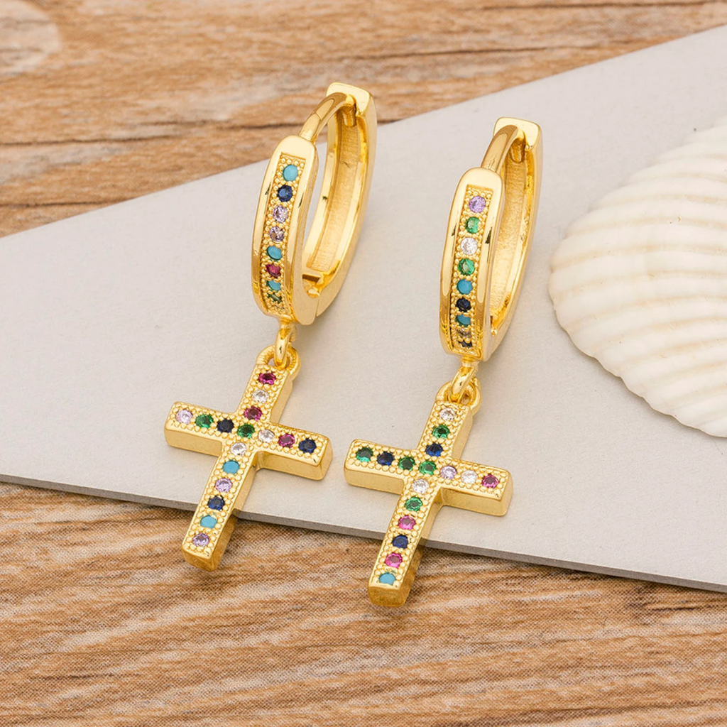 Qiku Colorful Rhinestone Cross Drop Earrings