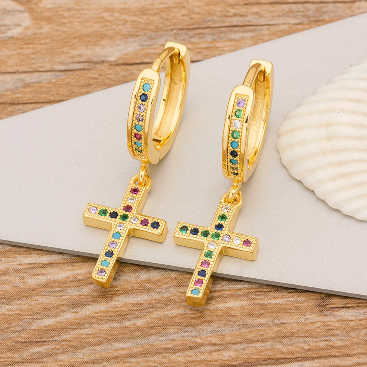 Qiku Colorful Rhinestone Cross Drop Earrings
