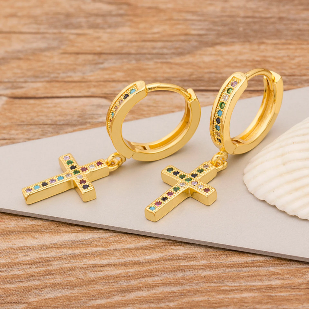 Qiku Colorful Rhinestone Cross Drop Earrings