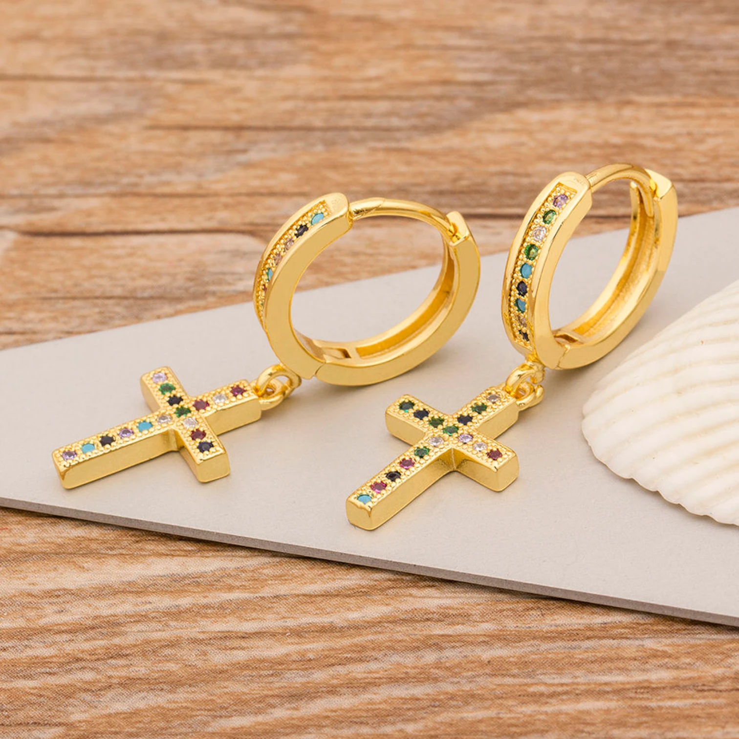 Qiku Colorful Rhinestone Cross Drop Earrings