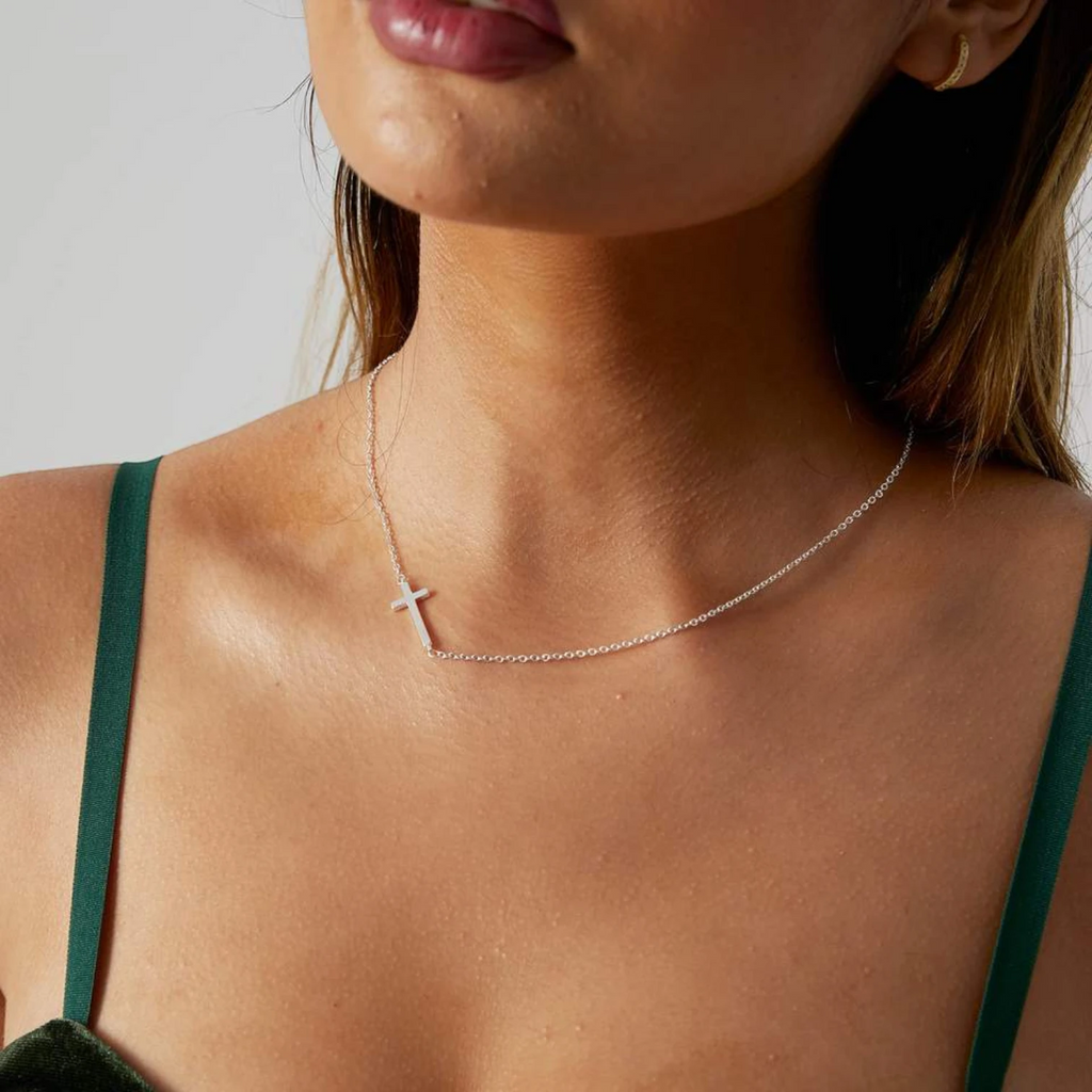 Silver Slant Cross Necklace with Asymmetrical Link Chain