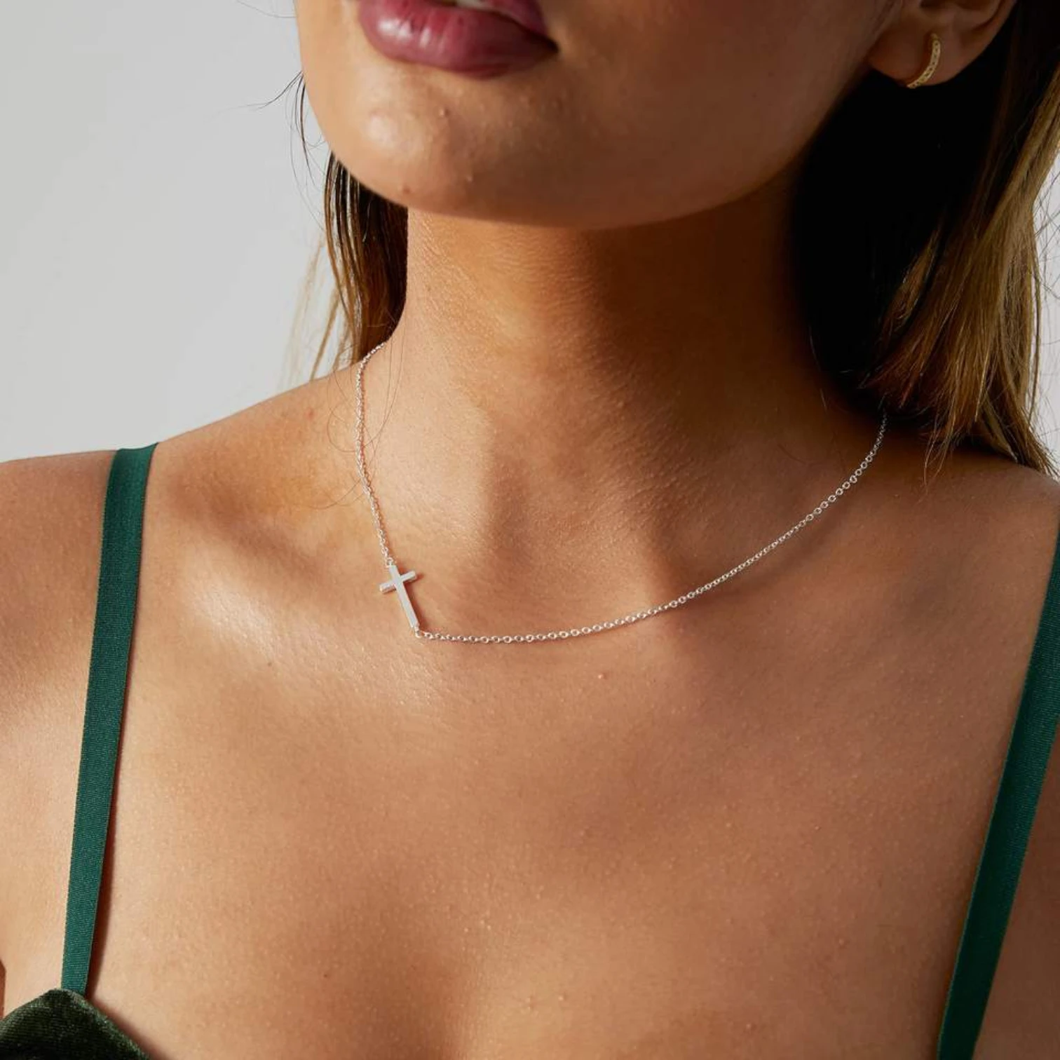 Silver Slant Cross Necklace with Asymmetrical Link Chain