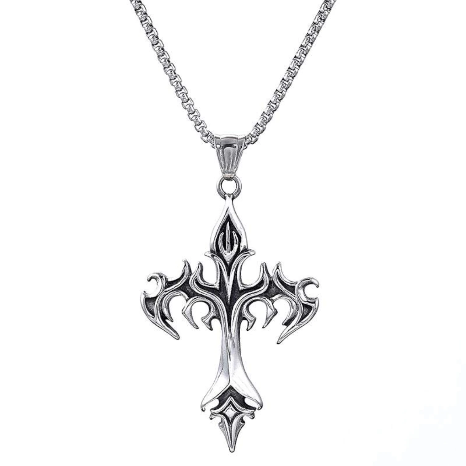 Silver Stainless Steel Cross Necklace – Gothic Christian Style