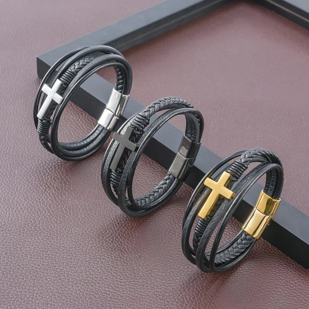 Stainless Steel Magnetic Clasp Leather Bracelet with Gold & Silver Cross