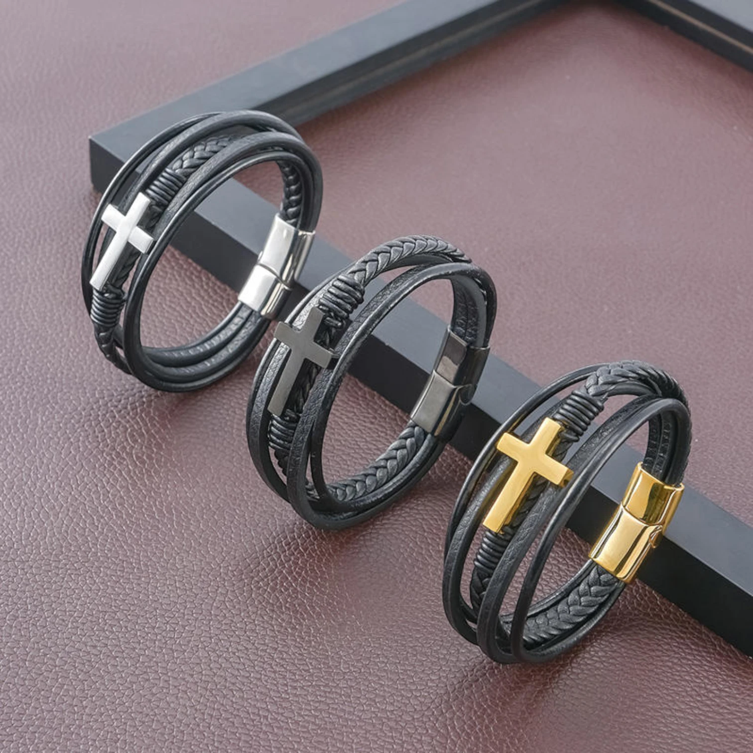 Stainless Steel Magnetic Clasp Leather Bracelet with Gold & Silver Cross