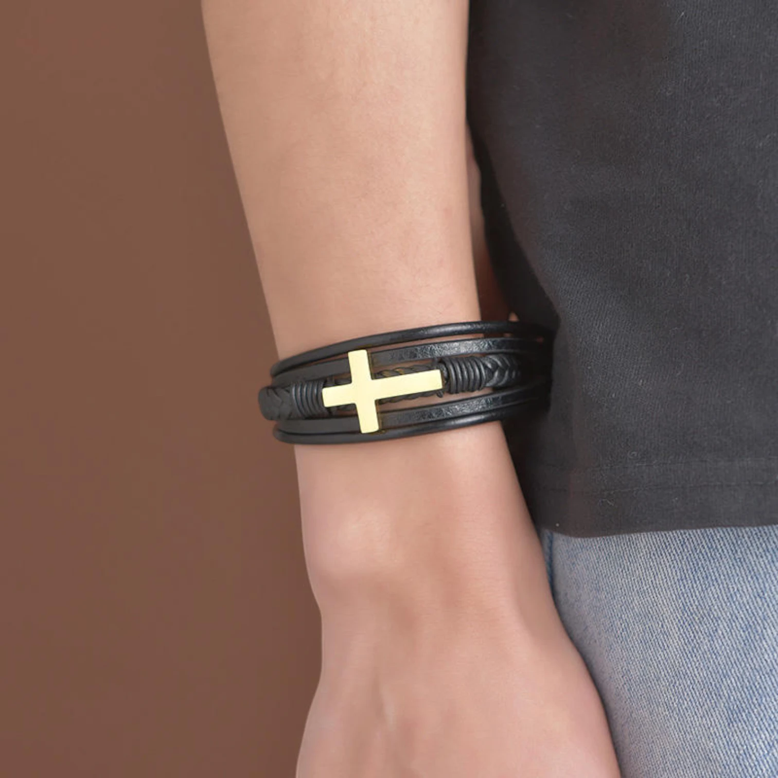 Stainless Steel Magnetic Clasp Leather Bracelet with Gold & Silver Cross