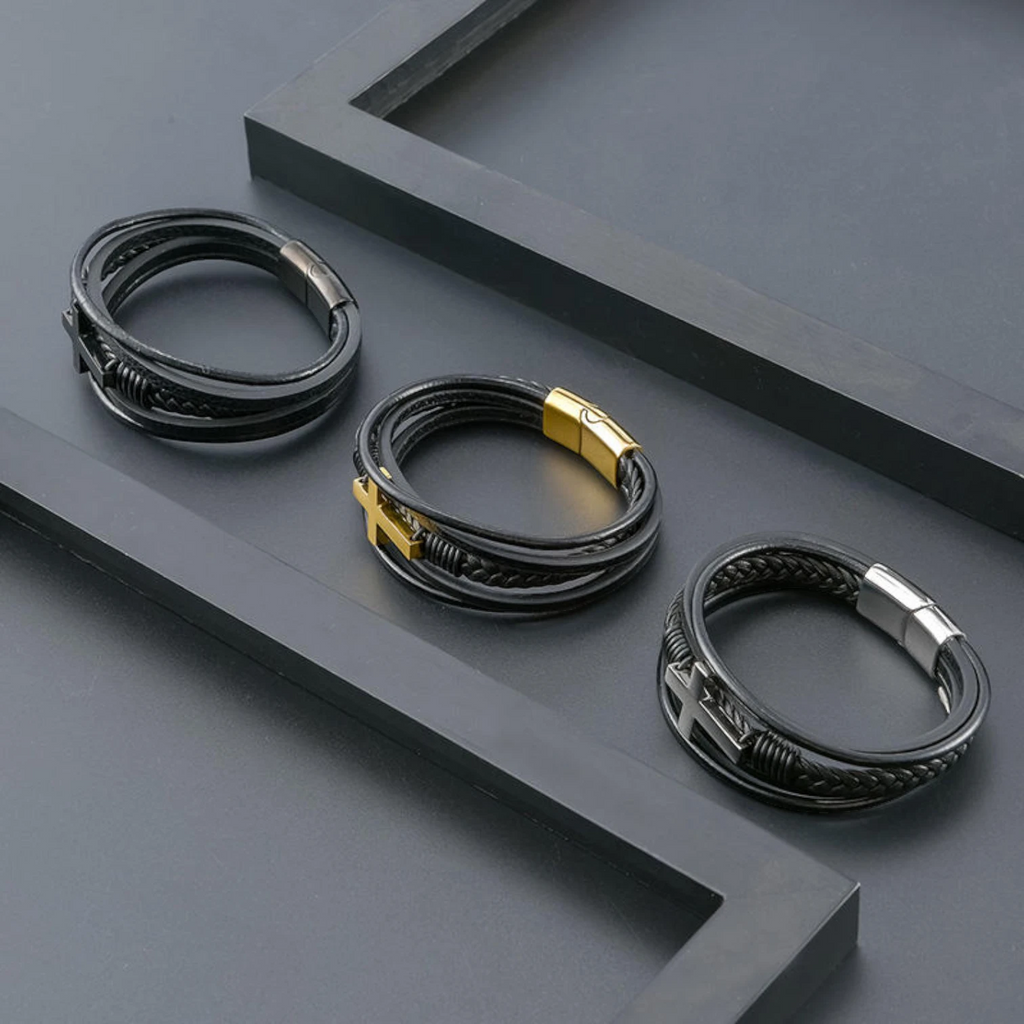 Stainless Steel Magnetic Clasp Leather Bracelet with Gold & Silver Cross