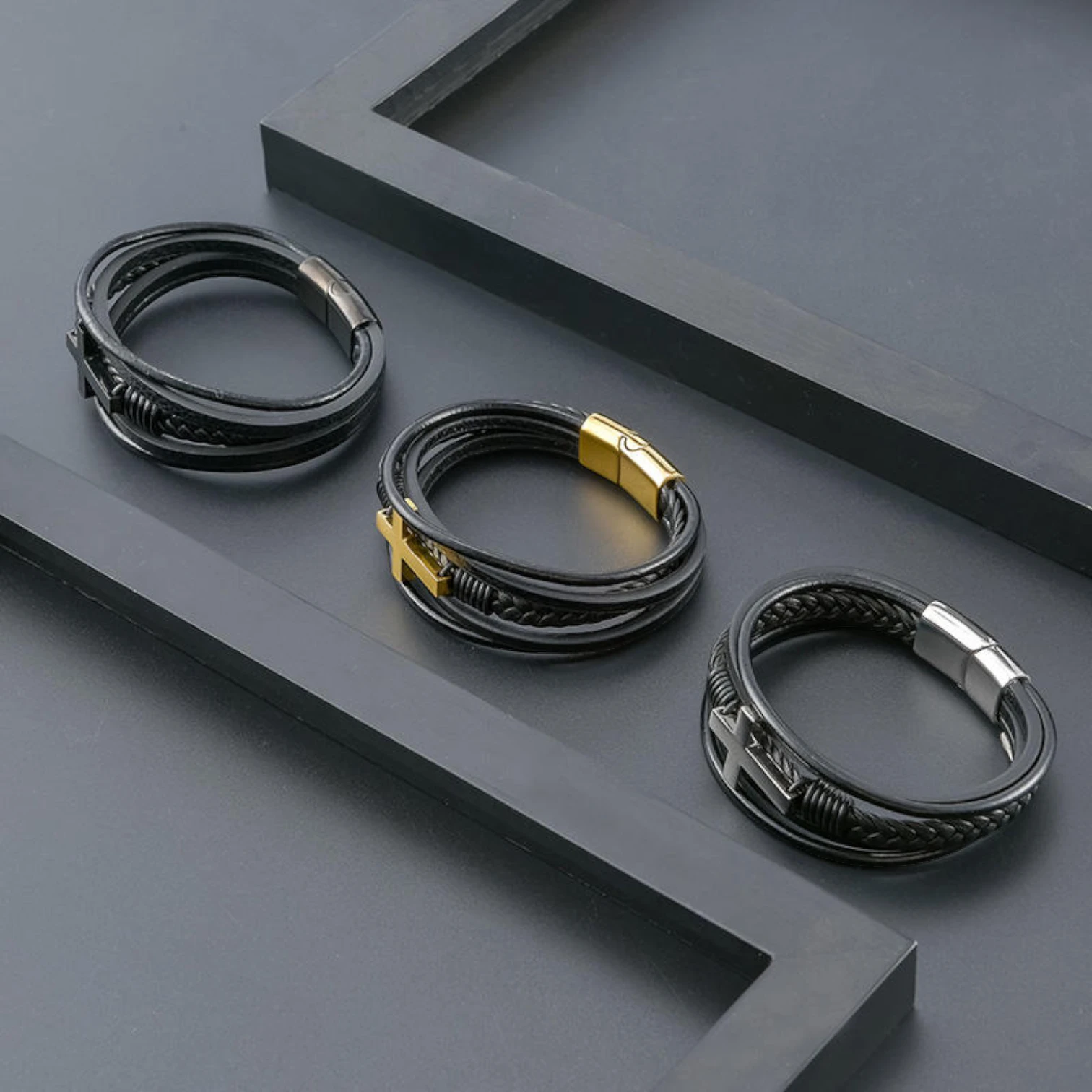 Stainless Steel Magnetic Clasp Leather Bracelet with Gold & Silver Cross