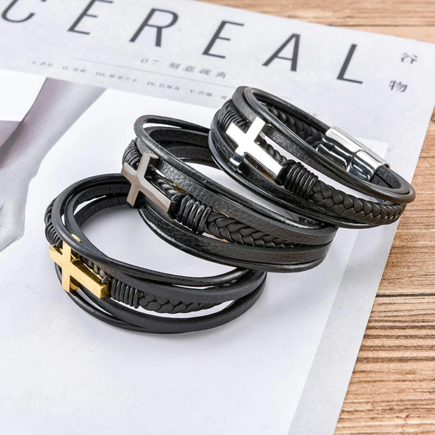 Stainless Steel Magnetic Clasp Leather Bracelet with Gold & Silver Cross