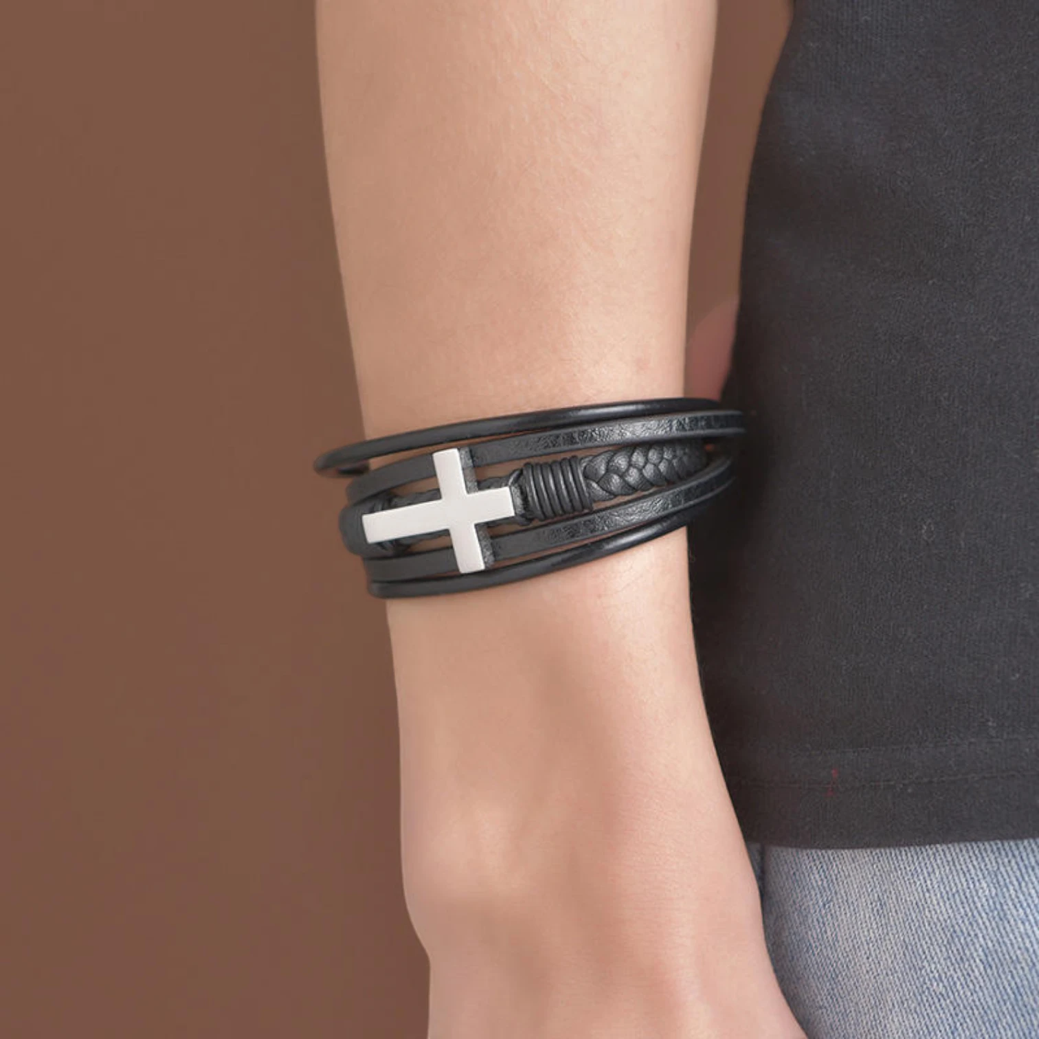 Stainless Steel Magnetic Clasp Leather Bracelet with Gold & Silver Cross