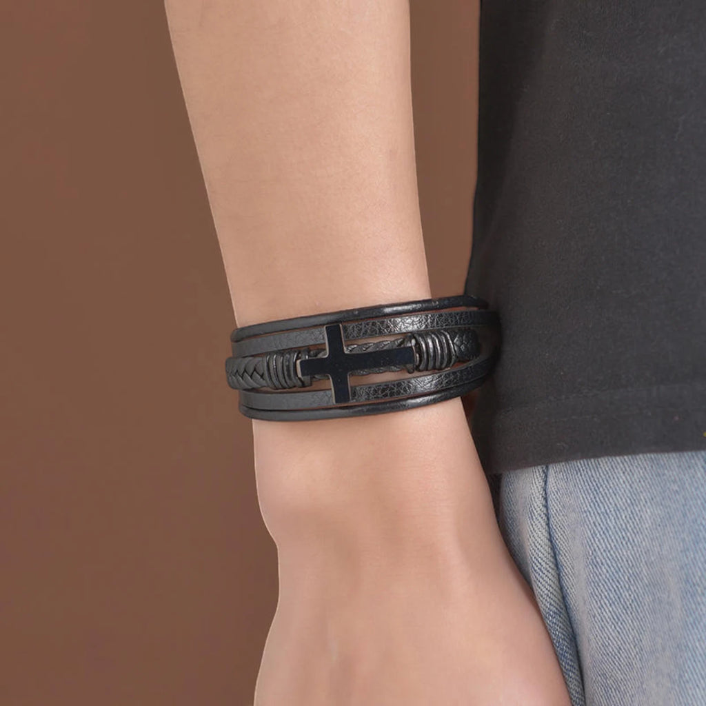 Stainless Steel Magnetic Clasp Leather Bracelet with Gold & Silver Cross