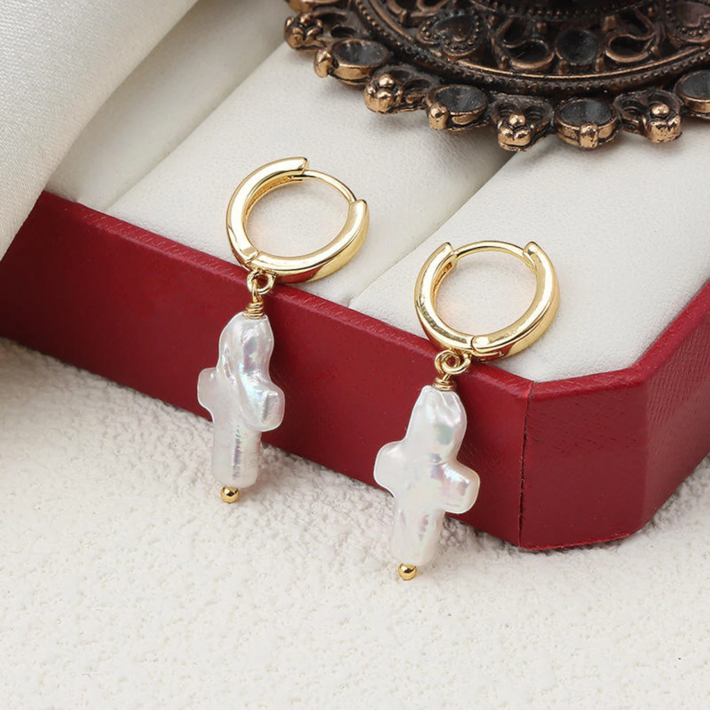 Stylish Baroque Cross Freshwater Pearl Earrings – Copper Jewelry