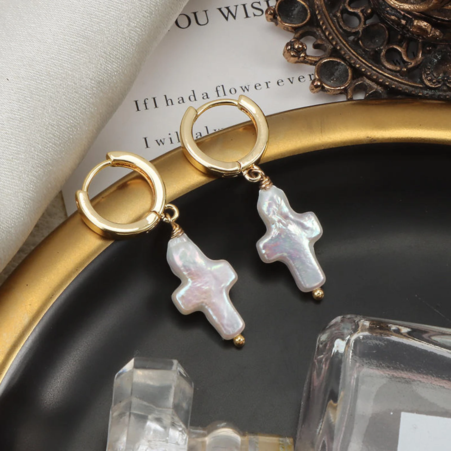 Stylish Baroque Cross Freshwater Pearl Earrings – Copper Jewelry