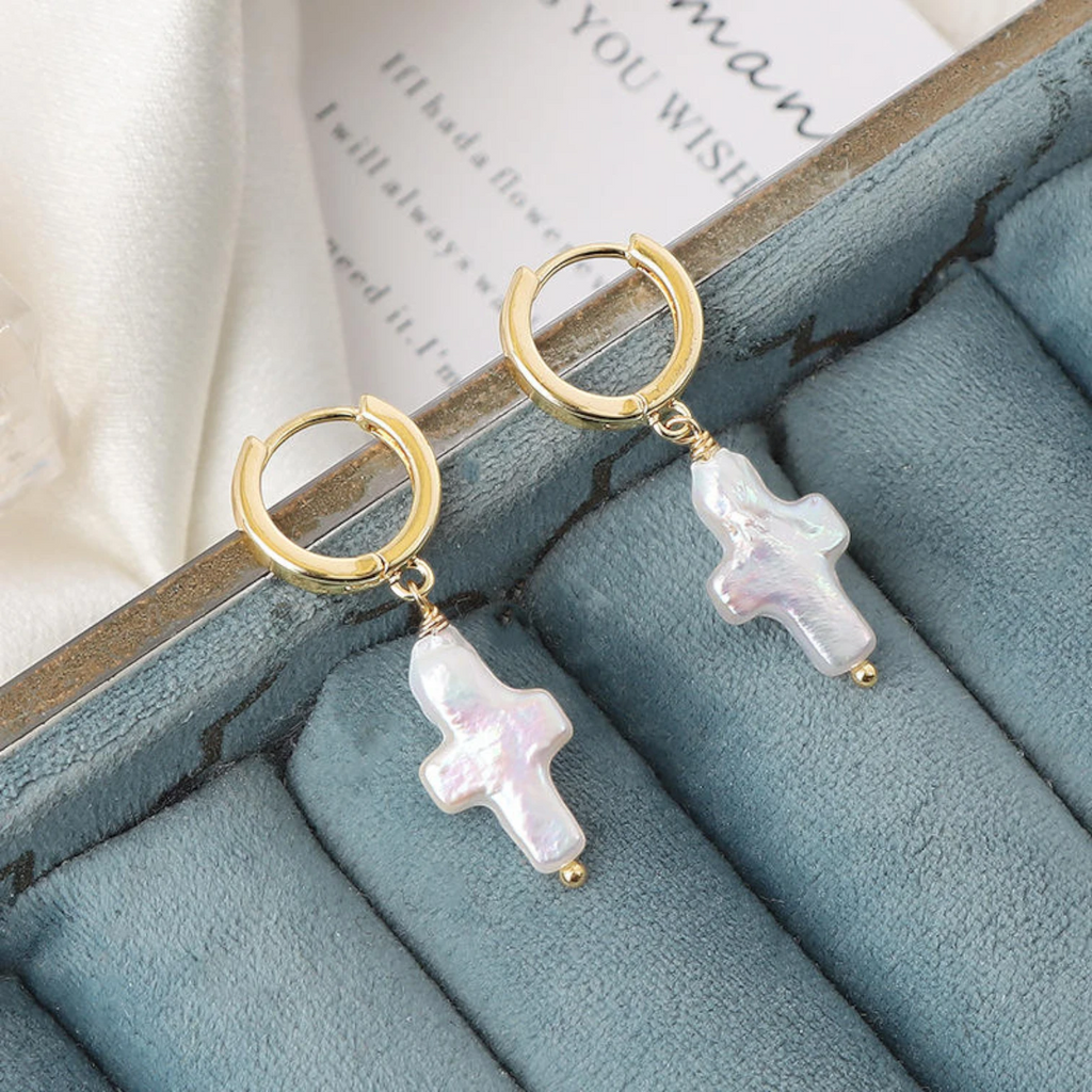 Stylish Baroque Cross Freshwater Pearl Earrings – Copper Jewelry