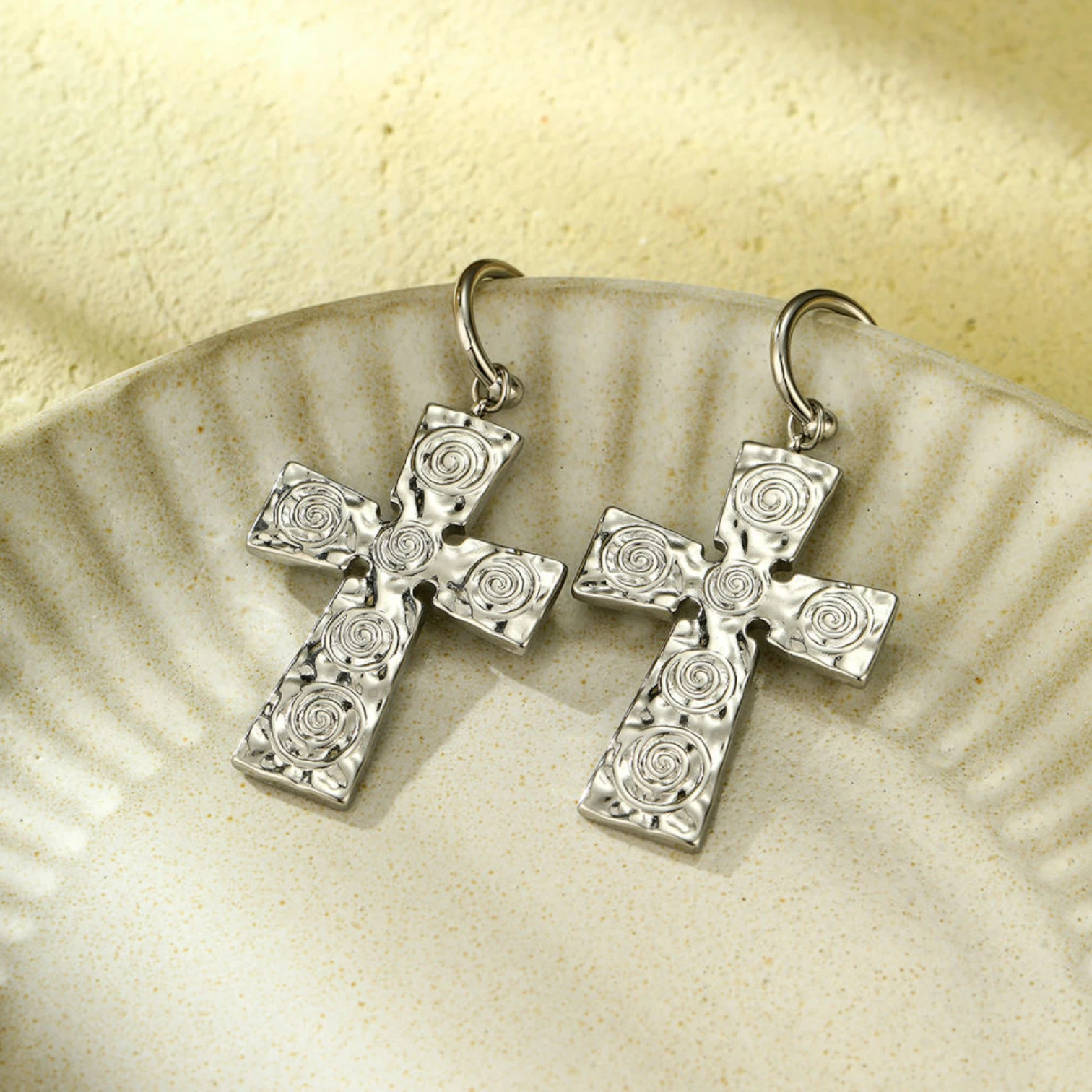 Trendy Waterproof Stainless Steel Cross & Chrome Heart Hoop Earrings
