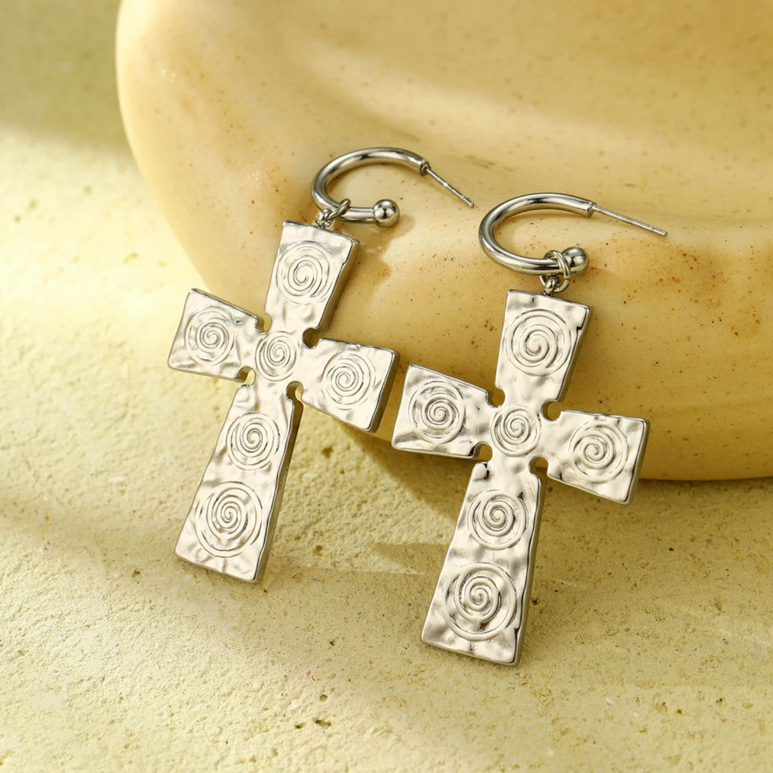 Trendy Waterproof Stainless Steel Cross & Chrome Heart Hoop Earrings