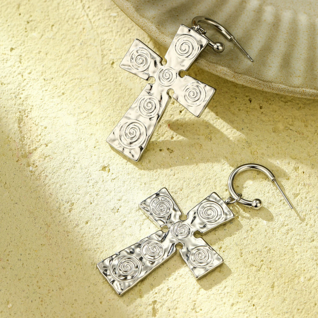 Trendy Waterproof Stainless Steel Cross & Chrome Heart Hoop Earrings