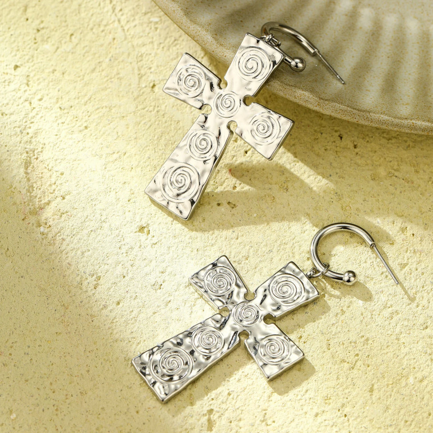 Trendy Waterproof Stainless Steel Cross & Chrome Heart Hoop Earrings