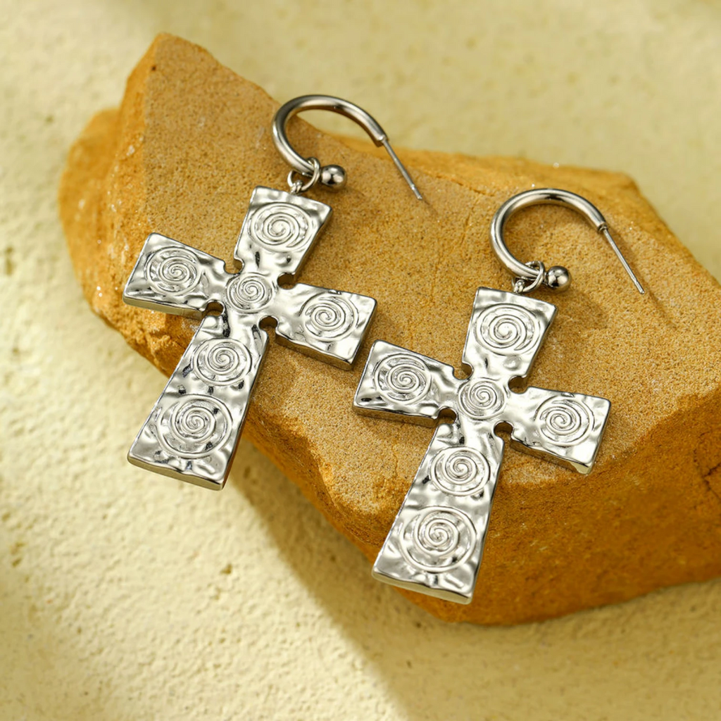Trendy Waterproof Stainless Steel Cross & Chrome Heart Hoop Earrings